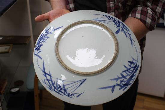 A large Chinese blue and white Antiques dish, 19th century, diameter 38cm